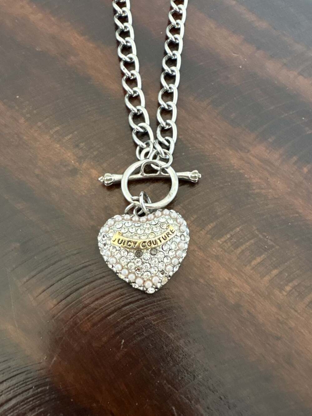 Juicy Couture Silvertone Toggle Necklace with Pave Crystal and Pearl Heart Charm